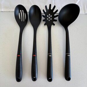 Set of 4 OXO Black Kitchen Utensils Slotted Spoon Solid Spoon Pasta Server Ladle